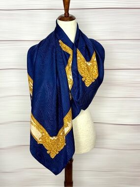 Luxury Royal Blue Silk Paisley Jacquard Scarf Gold Baroque Frame Hand Rolled